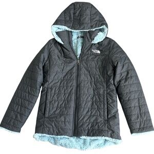 The North Face Mossbud Swirl Parka Jacket Coat Gray Starlight Blue Girls L 14/16